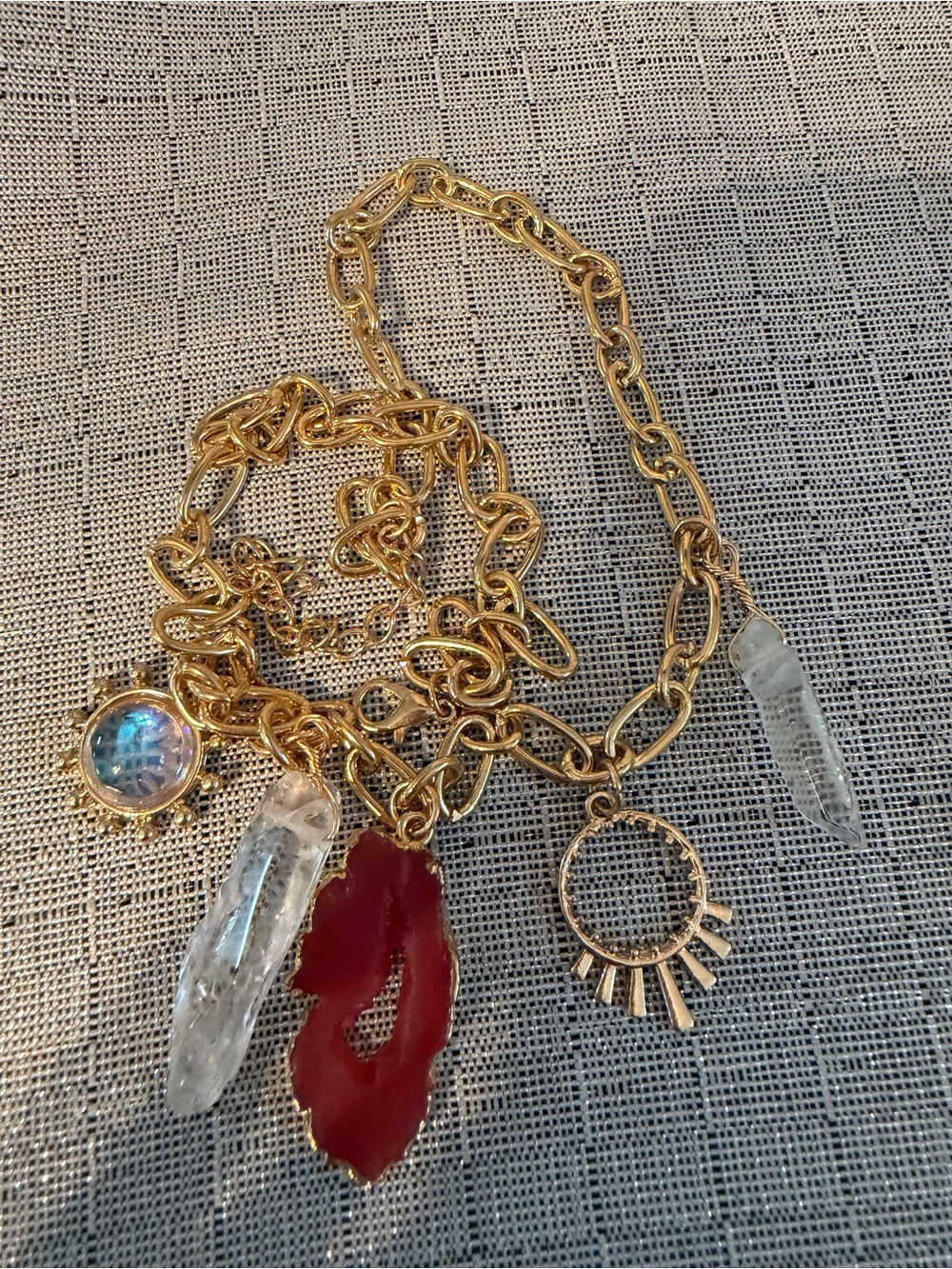 J Crew Gold-Tone Charm Necklace with Red Agate and Blue Crystal Charms - Picture 3 of 5